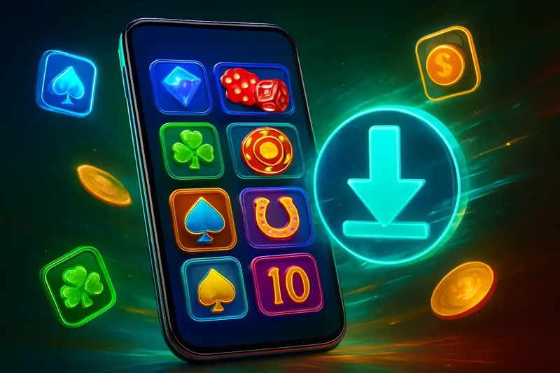 Glossy smartphone casino app banner with neon download symbol and glowing tiles