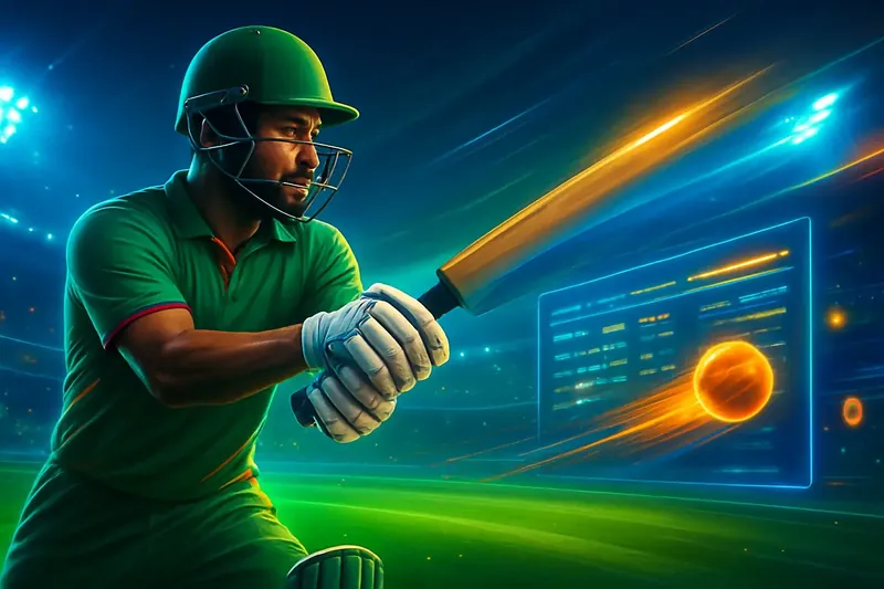 Cricket batter striking ball under stadium lights for sportsbook banner