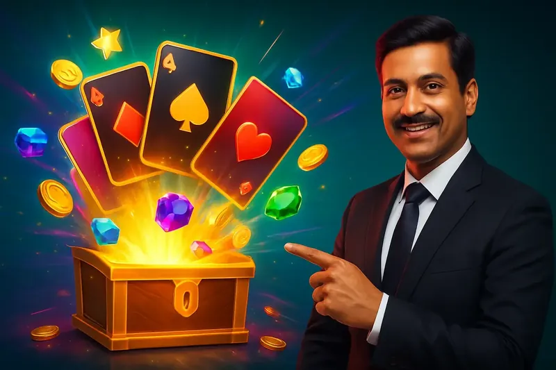Glowing reward chest with cards, coins, gems, and stars bursting out