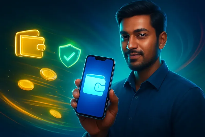 Hand holding smartphone with secure mobile wallet, coins, and speed effects