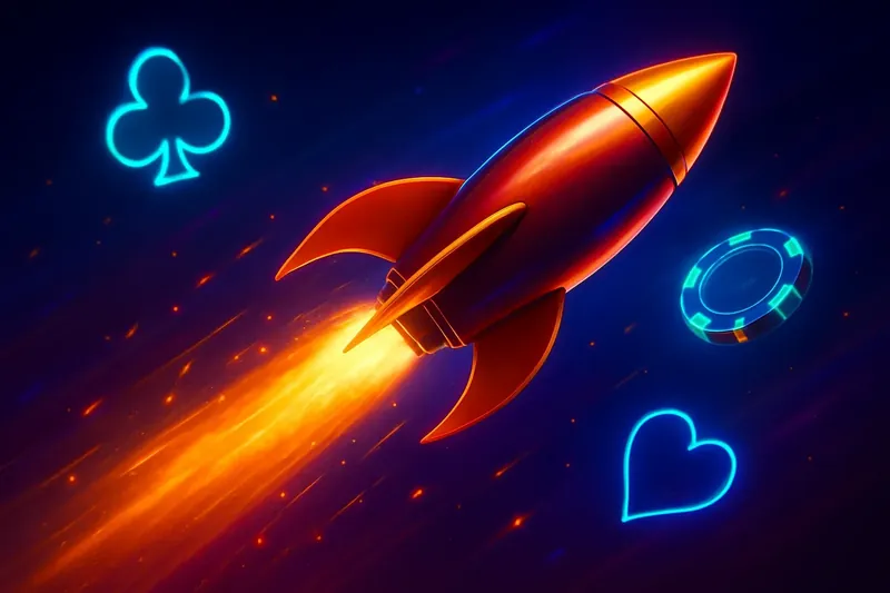 Glossy rocket launch casino banner with neon speed trails and game particles