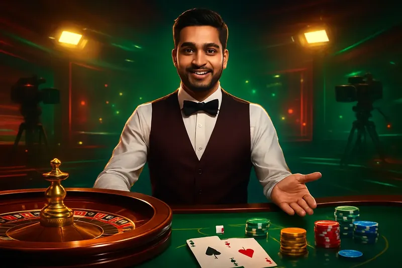 Friendly professional live dealer with roulette, cards, chips, and studio lights