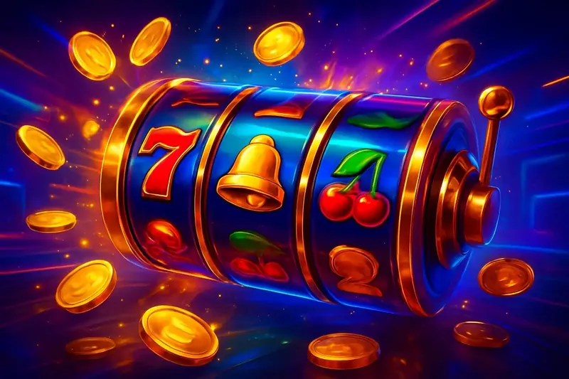 Colorful spinning slot machine reels with coins, sparkles, and neon glow
